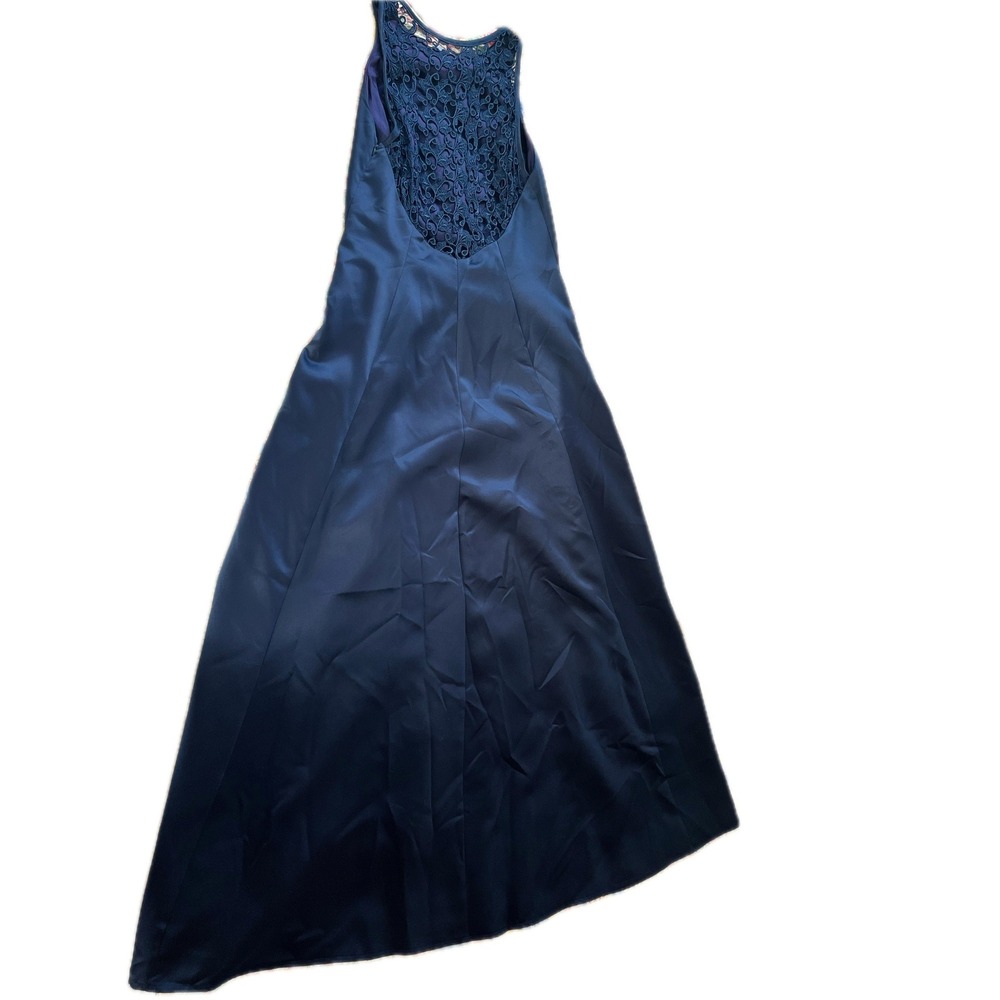 Vintage 90s Navy Boatneck Satin Lace Back Formal Gown Sleeveless Maxi Dress Sz M